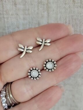 Silver Dragonfly and Floral Moonstone Stud Earring Set - Silver